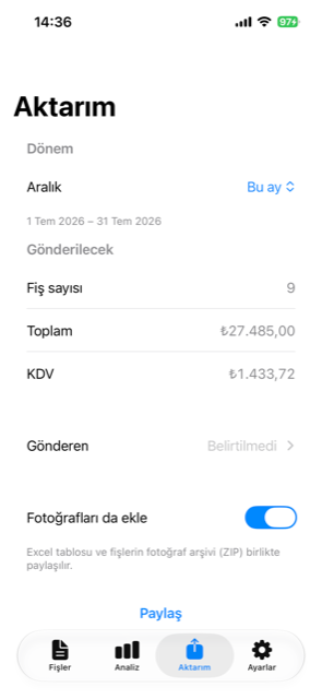 Fişoku aktarım ekranı: dönem ve Excel paylaşımı