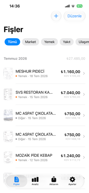 Fişoku uygulamasının fiş listesi ekranı