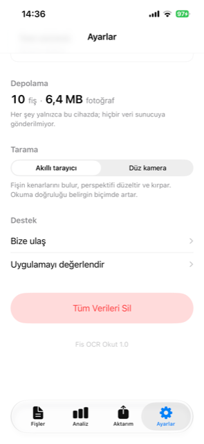 Fişoku ayarlar ekranı: her şey yalnızca bu cihazda saklanır